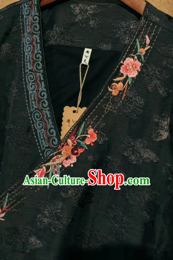 China National Black Flax Vest Women Embroidered Waistcoat Traditional Tang Suit Clothing