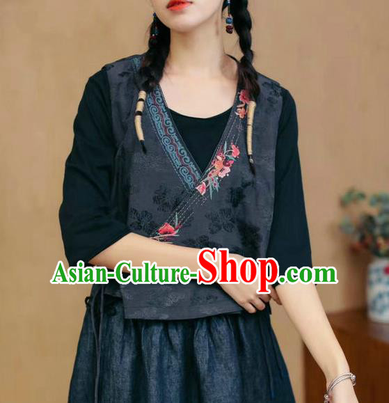 China National Black Flax Vest Women Embroidered Waistcoat Traditional Tang Suit Clothing