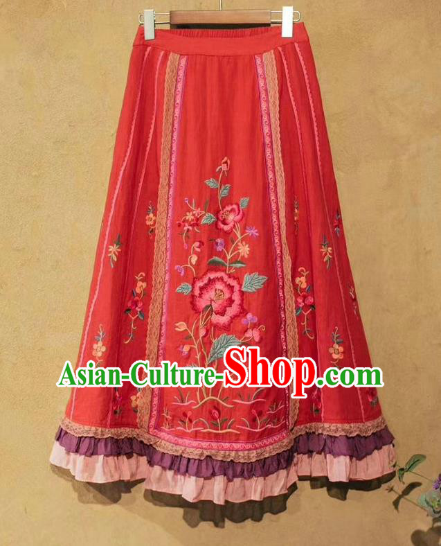 China National Red Ramine Bust Skirt Embroidered Skirt Traditional Female Clothing