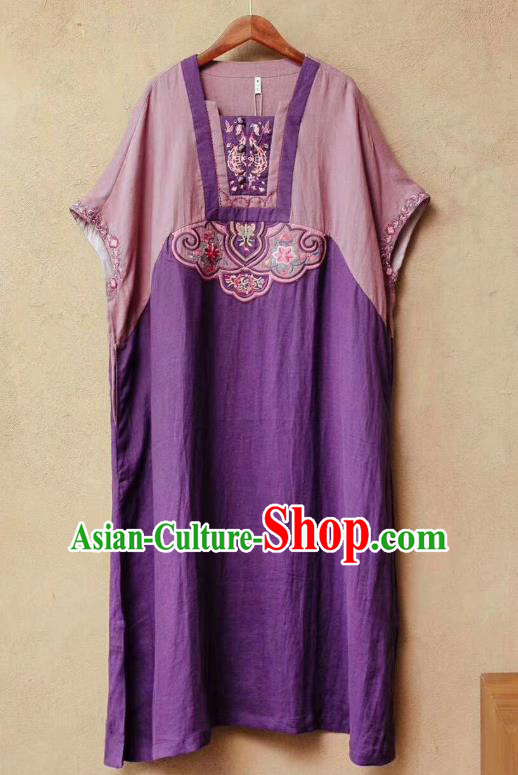 Chinese Traditional National Clothing Embroidered Purple Flax Dress