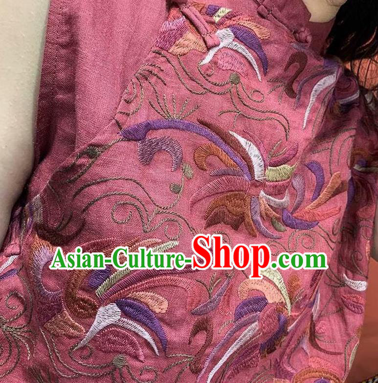 China Embroidered Pink Flax Vest Traditional Tang Suit Clothing National Waistcoat