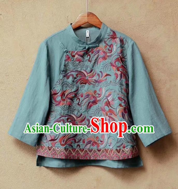China Women Blue Flax Blouse National Embroidered Shirt Traditional Tang Suit Costume