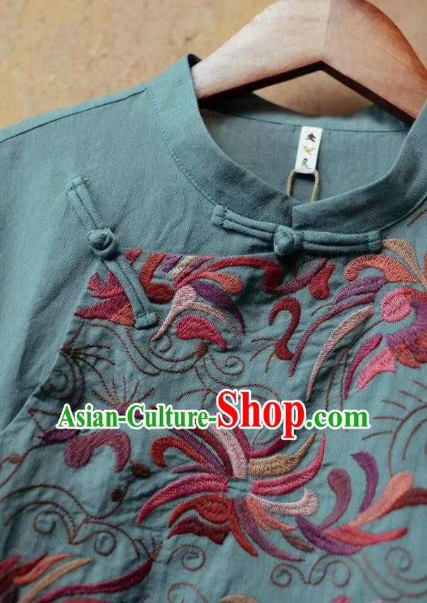 China Women Blue Flax Blouse National Embroidered Shirt Traditional Tang Suit Costume