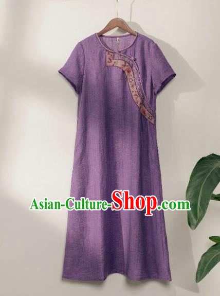 Chinese Embroidered Purple Flax Dress National Plated Buttons Clothing Traditional Women Fashion