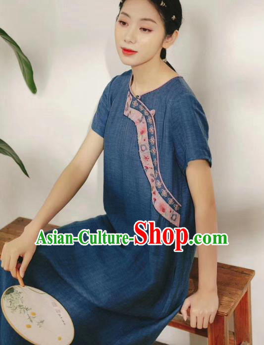 Chinese National Navy Blue Flax Dress Traditional Plated Buttons Clothing Women Embroidered Fashion