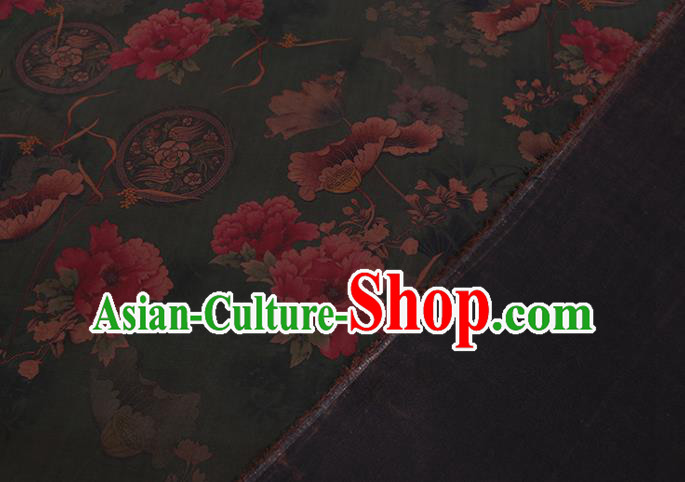 Chinese Classical Lotus Pattern Deep Green Silk Drapery Asian Traditional Cheongsam Cloth Watered Gauze Fabric