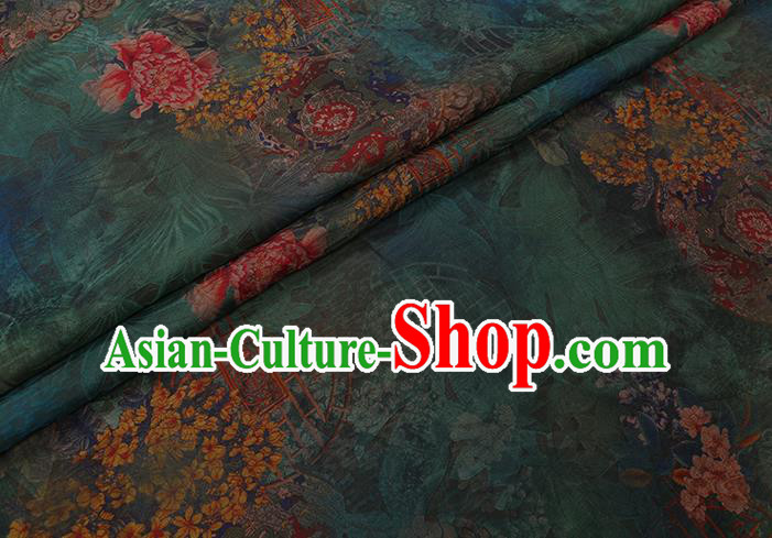 Chinese Classical Peony Flowers Pattern Green Silk Drapery Cloth Asian Traditional Cheongsam Watered Gauze Fabric
