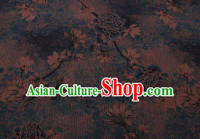 Asian Navy Watered Gauze Fabric Traditional Chinese Classical Peony Pattern Silk Drapery Cheongsam Cloth