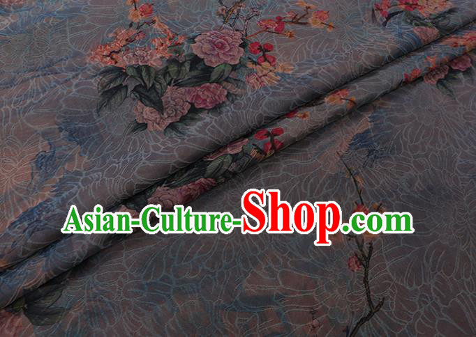 Asian Cheongsam Light Blue Watered Gauze Cloth Fabric Traditional Chinese Classical Peony Plum Pattern Silk Drapery