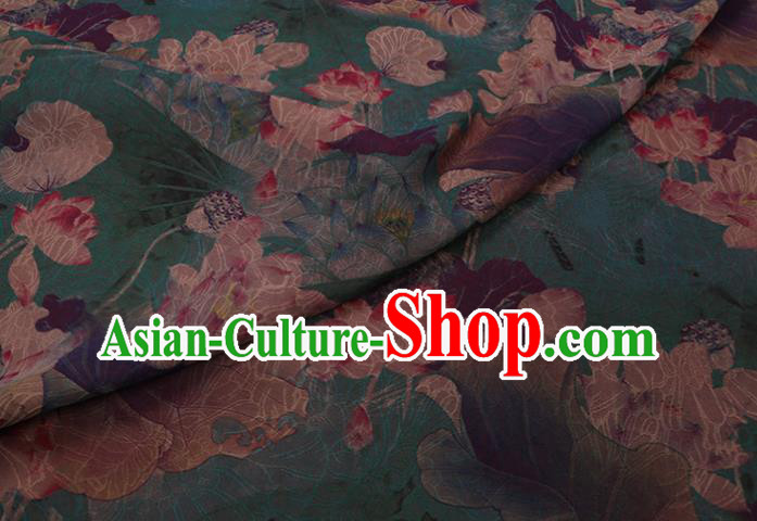 Asian Cheongsam Cloth Watered Gauze Drapery Traditional Chinese Classical Lotus Pattern Green Silk Fabric