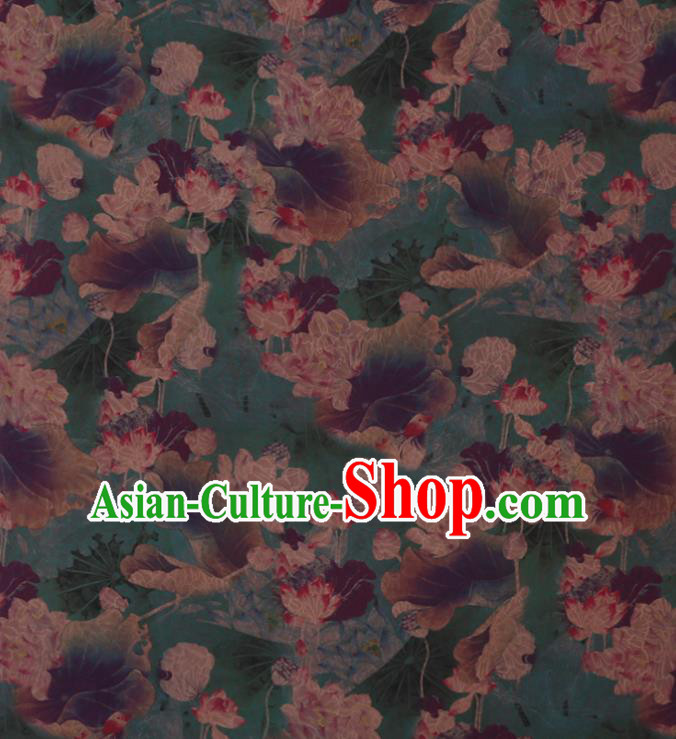 Asian Cheongsam Cloth Watered Gauze Drapery Traditional Chinese Classical Lotus Pattern Green Silk Fabric