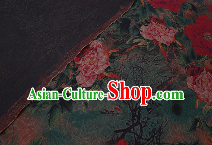 Traditional Chinese Classical Peony Pattern Green Gambiered Guangdong Silk Fabric Asian Cheongsam Cloth Watered Gauze Drapery