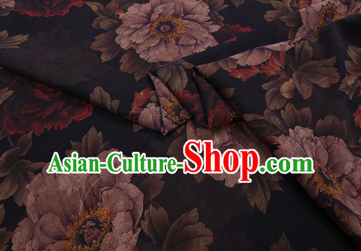 Chinese Classical Peony Pattern Black Gambiered Guangdong Silk Fabric Traditional Asian Cheongsam Cloth Drapery Watered Gauze