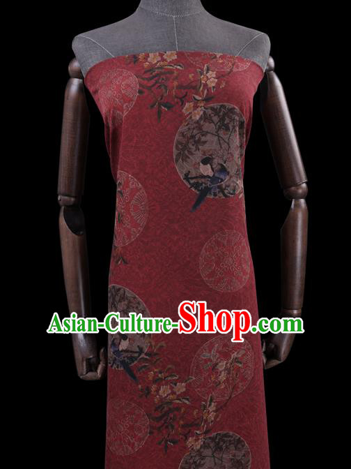 Chinese Traditional Gambiered Guangdong Silk Asian Cheongsam Cloth Drapery Classical Flower Bird Pattern Red Watered Gauze Fabric