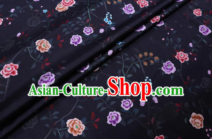 Chinese Traditional Gambiered Guangdong Silk Asian Cheongsam Cloth Satin Drapery Classical Rose Pattern Black Watered Gauze Fabric