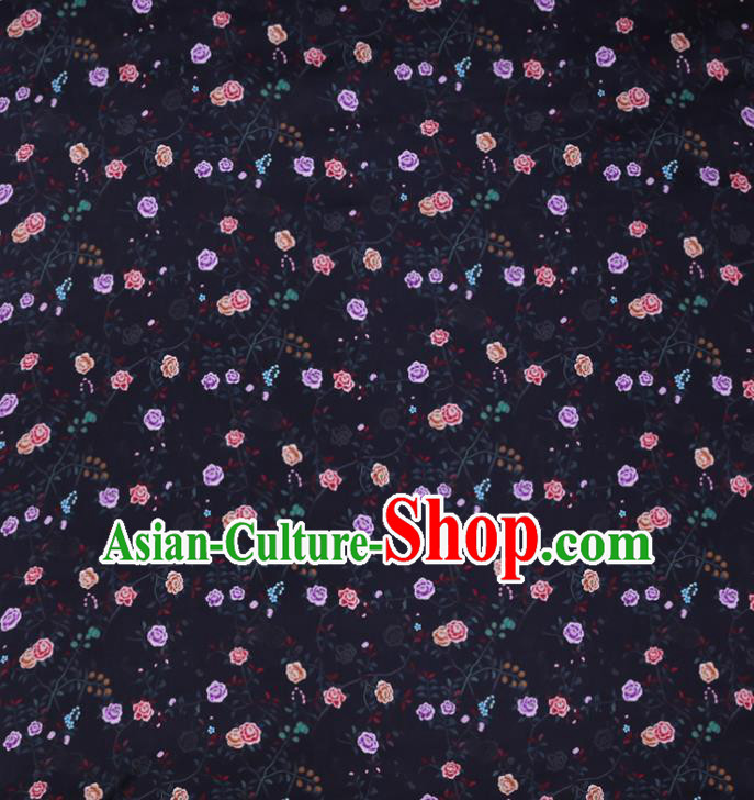 Chinese Traditional Gambiered Guangdong Silk Asian Cheongsam Cloth Satin Drapery Classical Rose Pattern Black Watered Gauze Fabric