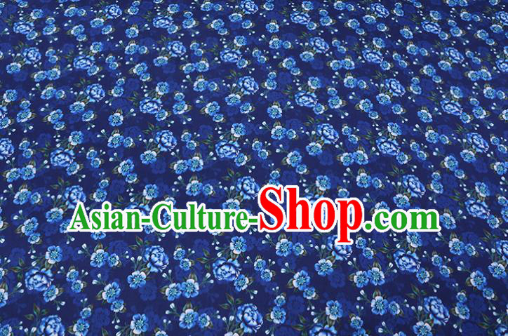 Asian Cheongsam Cloth Satin Drapery Chinese Traditional Gambiered Guangdong Silk Classical Primrose Pattern Deep Blue Watered Gauze Fabric