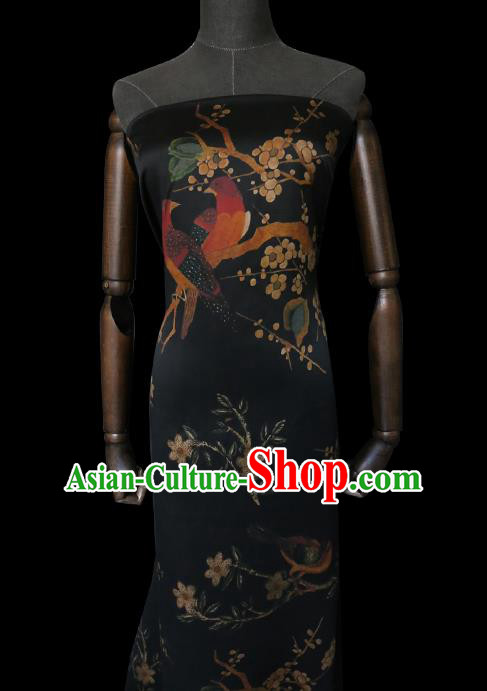 Chinese Classical Plum Birds Pattern Gambiered Guangdong Silk Traditional Cheongsam Fabric Black Watered Gauze