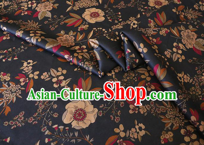 Chinese Classical Camellia Pattern Gambiered Guangdong Silk Black Watered Gauze Traditional Cheongsam Fabric