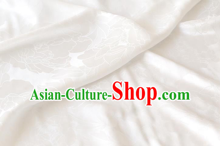 Traditional White Silk Drapery Chinese Cheongsam Classical Royal Peony Pattern Cloth Satin Fabric