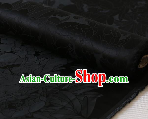 Traditional Black Silk Drapery Chinese Cheongsam Classical Royal Peony Pattern Satin Fabric Cloth