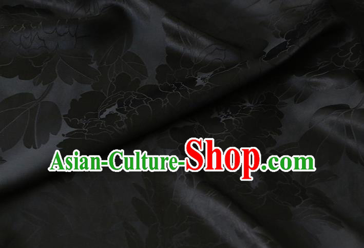 Traditional Black Silk Drapery Chinese Cheongsam Classical Royal Peony Pattern Satin Fabric Cloth