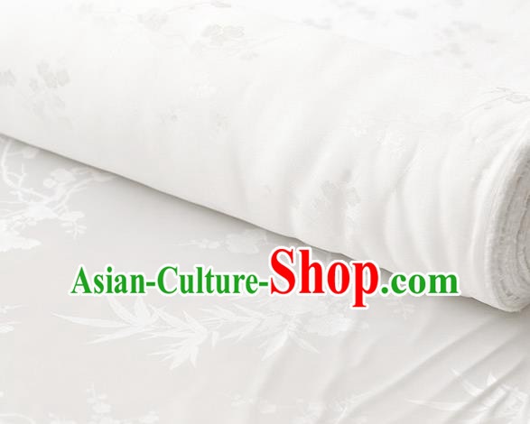 Chinese Traditional Classical Plum Orchid Bamboo Pattern Satin Fabric White Silk Drapery Cheongsam Cloth