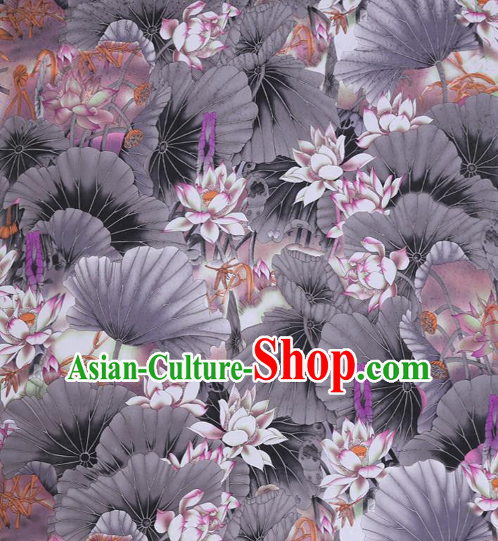 Chinese Traditional Classical Lotus Pattern Satin Fabric Cheongsam Cloth Grey Silk Drapery