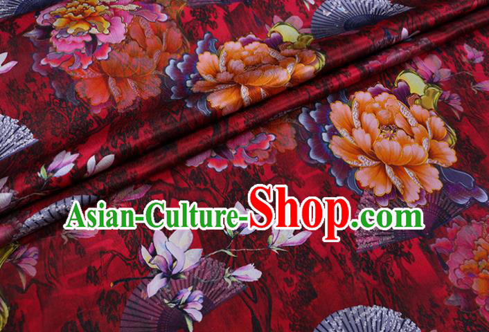 Chinese Classical Peony Pattern Satin Fabric Traditional Cheongsam Cloth Red Silk Drapery