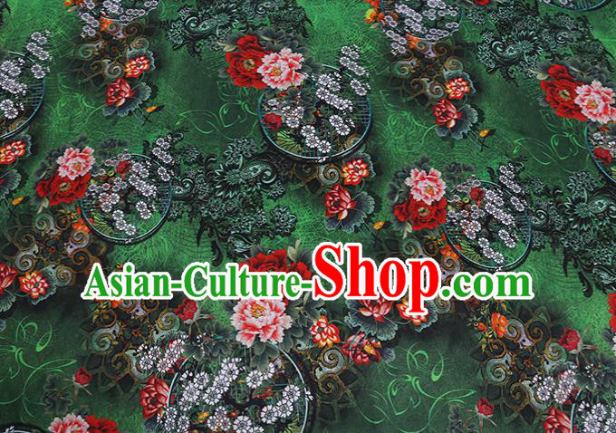 Chinese Green Silk Drapery Traditional Cheongsam Cloth Classical Peony Pattern Satin Fabric