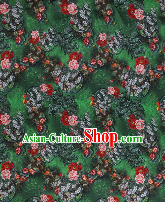 Chinese Green Silk Drapery Traditional Cheongsam Cloth Classical Peony Pattern Satin Fabric