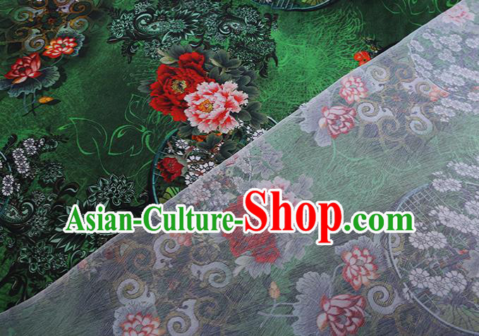 Chinese Green Silk Drapery Traditional Cheongsam Cloth Classical Peony Pattern Satin Fabric