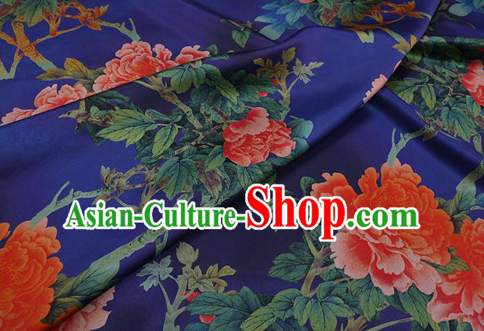 Chinese Classical Peony Pattern Royalblue Satin Fabric Watered Gauze Traditional Cheongsam Gambiered Guangdong Silk