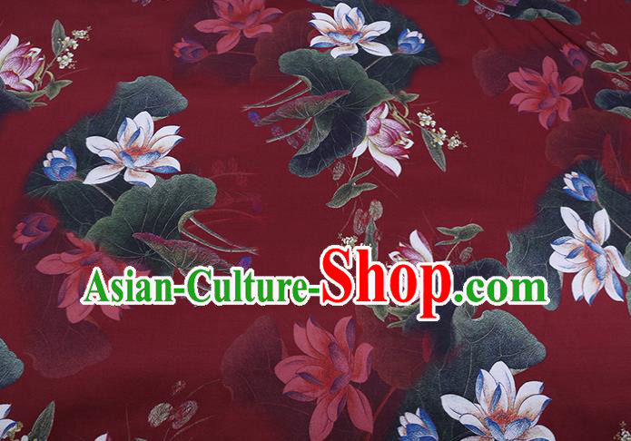 Chinese Traditional Red Weave Satin Fabric Classical Lotus Pattern Silk Drapery Cheongsam Cloth