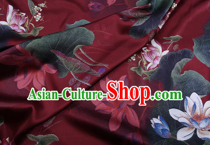Chinese Traditional Red Weave Satin Fabric Classical Lotus Pattern Silk Drapery Cheongsam Cloth