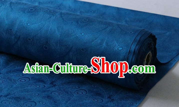 Chinese Traditional Deep Blue Silk Drapery Silk Fabric Classical Phoenix Feather Pattern Cheongsam Jacquard Cloth