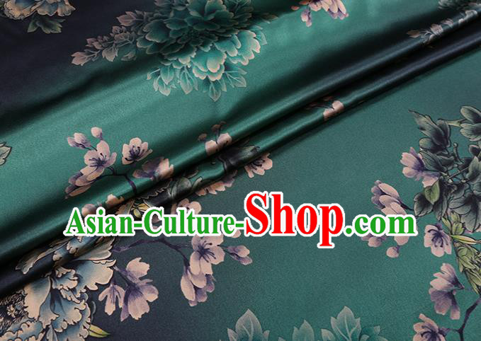 Chinese Silk Drapery Traditional Cheongsam Cloth Classical Peony Pattern Green Satin Fabric
