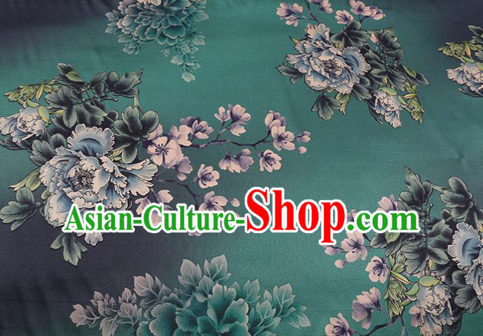 Chinese Silk Drapery Traditional Cheongsam Cloth Classical Peony Pattern Green Satin Fabric