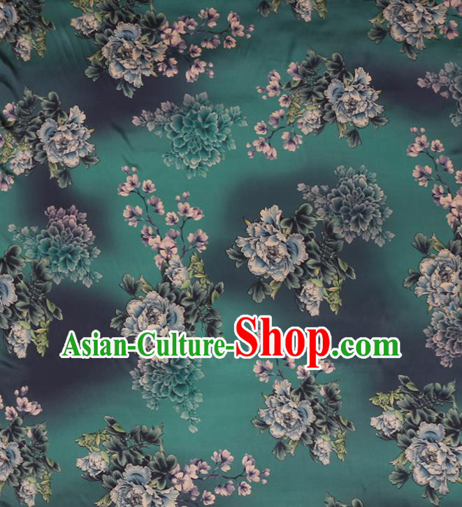 Chinese Silk Drapery Traditional Cheongsam Cloth Classical Peony Pattern Green Satin Fabric