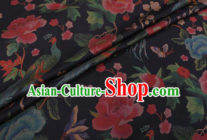 Chinese Black Silk Drapery Traditional Cheongsam Cloth Classical Peacock Peony Pattern Satin Fabric