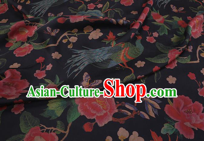 Chinese Black Silk Drapery Traditional Cheongsam Cloth Classical Peacock Peony Pattern Satin Fabric