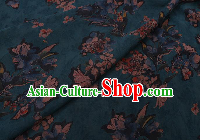 Chinese Watered Gauze Traditional Asian Cheongsam Cloth Drapery Classical Mangnolia Pattern Blue Gambiered Guangdong Silk Fabric
