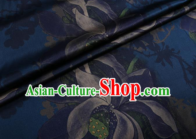 Chinese Traditional Cheongsam Cloth Navy Weave Satin Fabric Classical Lotus Pattern Silk Drapery
