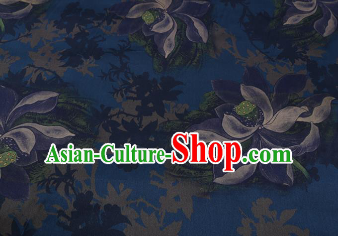 Chinese Traditional Cheongsam Cloth Navy Weave Satin Fabric Classical Lotus Pattern Silk Drapery