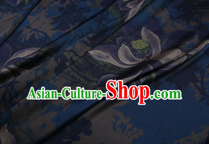 Chinese Traditional Cheongsam Cloth Navy Weave Satin Fabric Classical Lotus Pattern Silk Drapery