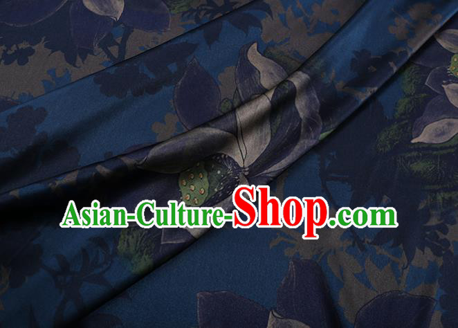 Chinese Traditional Cheongsam Cloth Navy Weave Satin Fabric Classical Lotus Pattern Silk Drapery