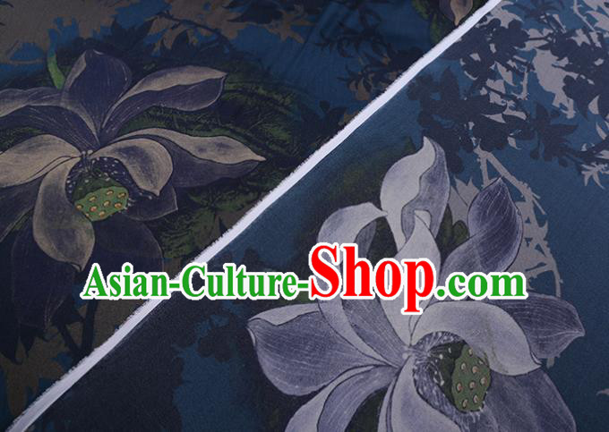 Chinese Traditional Cheongsam Cloth Navy Weave Satin Fabric Classical Lotus Pattern Silk Drapery