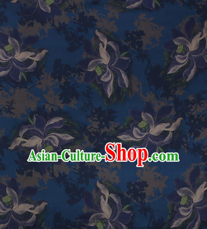 Chinese Traditional Cheongsam Cloth Navy Weave Satin Fabric Classical Lotus Pattern Silk Drapery