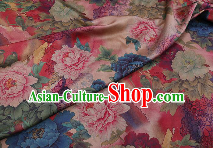 Chinese Cheongsam Pink Satin Fabric Traditional Gambiered Guangdong Silk Classical Peony Pattern Watered Gauze
