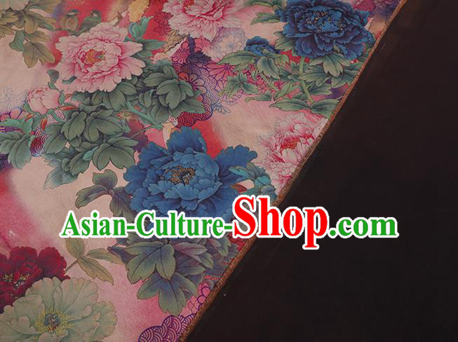 Chinese Cheongsam Pink Satin Fabric Traditional Gambiered Guangdong Silk Classical Peony Pattern Watered Gauze